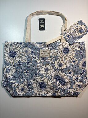 Life Is Good Floral Tote NWT Blue White Canvas + Matching Pouch Oversized